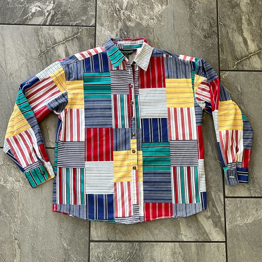🤍 Bushwacker Vintage Button Down Patchwork Colorful Size Small 100% Cotton